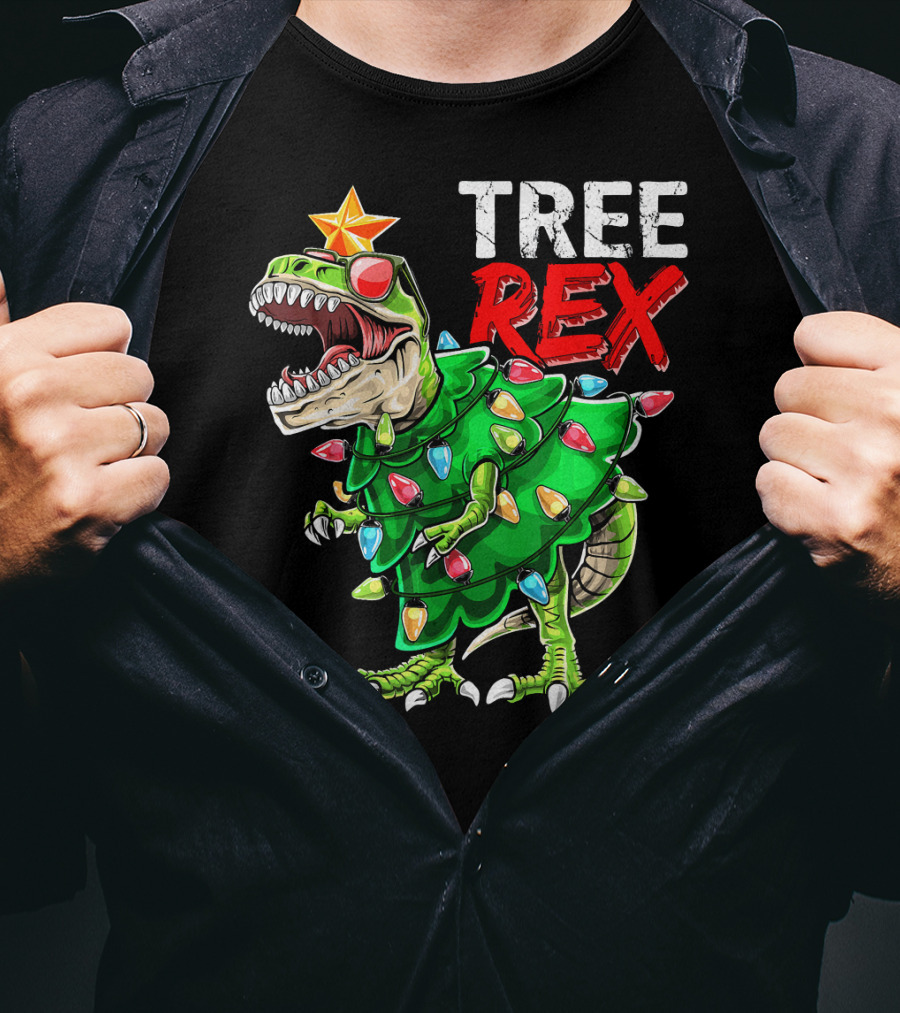 Tree Rex Dinosaur Christmas Tree With Festive Lights And Star T-Shirt