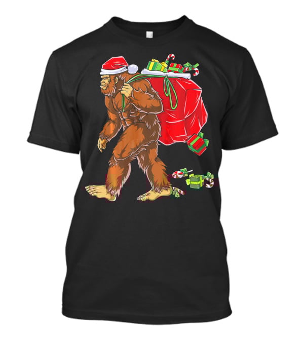Bigfoot Santa Carrying Gifts With Candy Canes T-Shirt