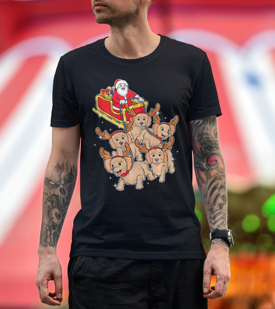 Santa Riding Sleigh with Adorable Goldendoodles as Reindeer T-Shirt