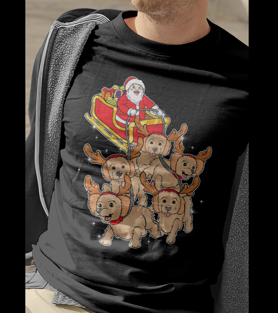 Santa Riding Sleigh With Adorable Goldendoodles As Reindeer T-Shirt