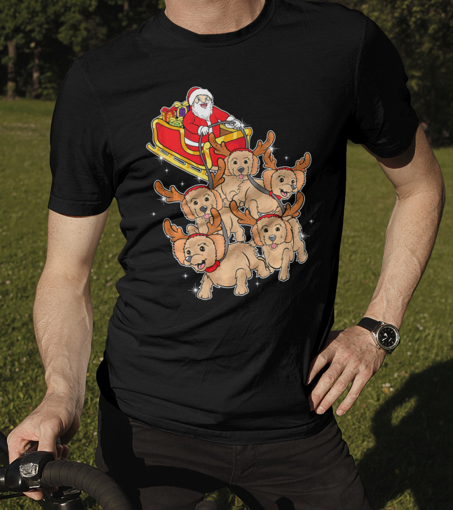 Santa Riding Sleigh With Adorable Goldendoodles As Reindeer T-Shirt