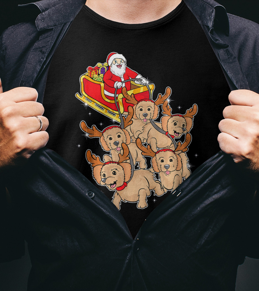Santa Riding Sleigh With Adorable Goldendoodles As Reindeer T-Shirt