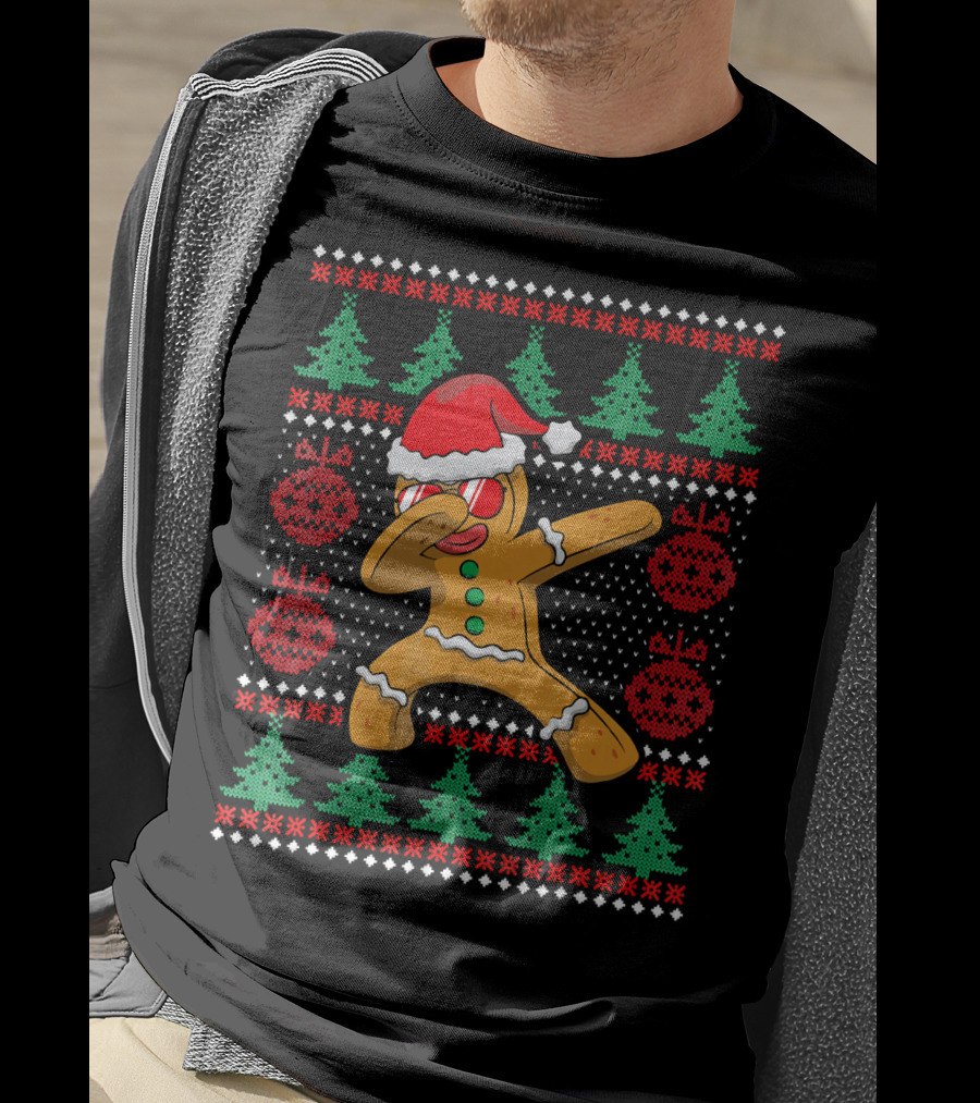 Ugly Christmas Gingerbread Dabbing Santa Hat Festive T-Shirt