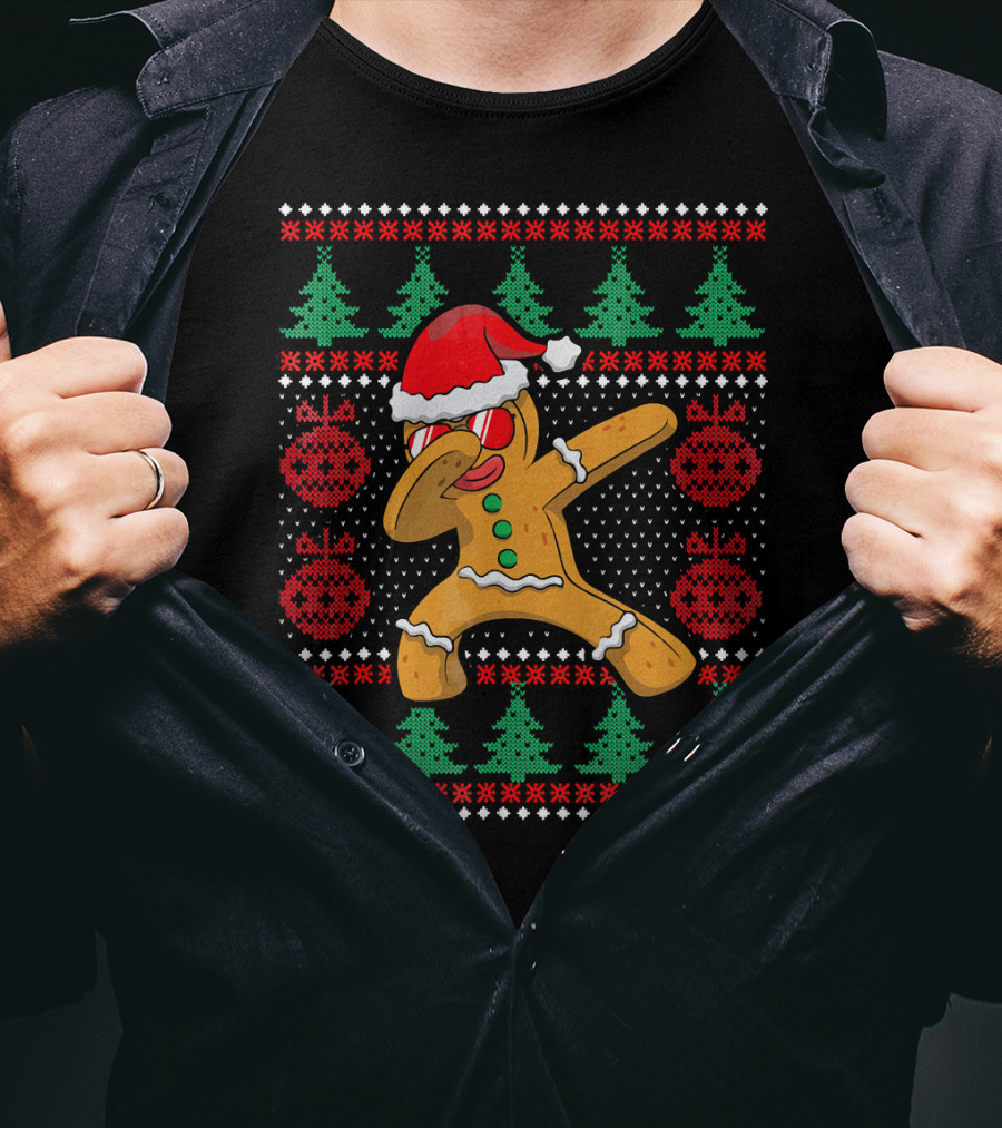 Ugly Christmas Gingerbread Dabbing Santa Hat Festive T-Shirt
