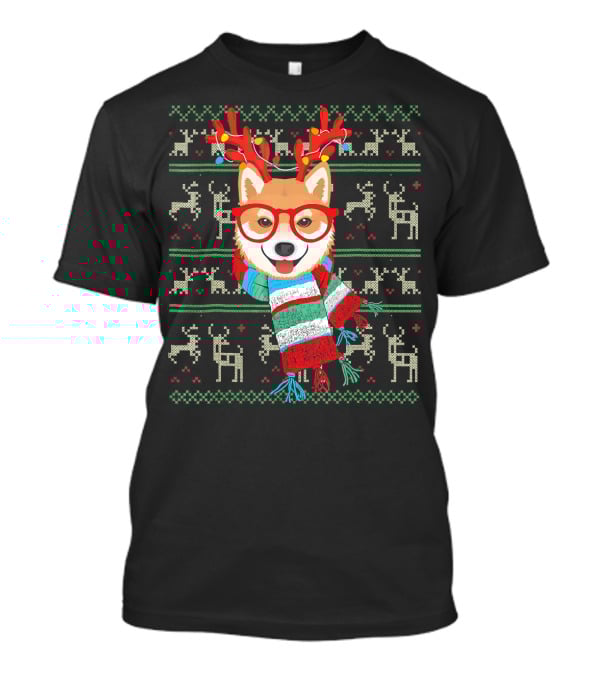 Shiba Inu With Reindeer Antlers And Festive Scarf Lights T-Shirt