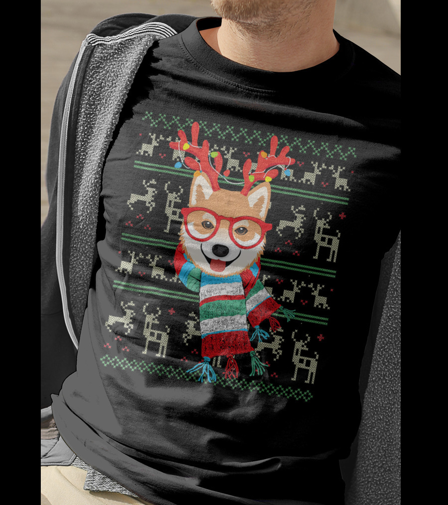 Shiba Inu With Reindeer Antlers And Festive Scarf Lights T-Shirt