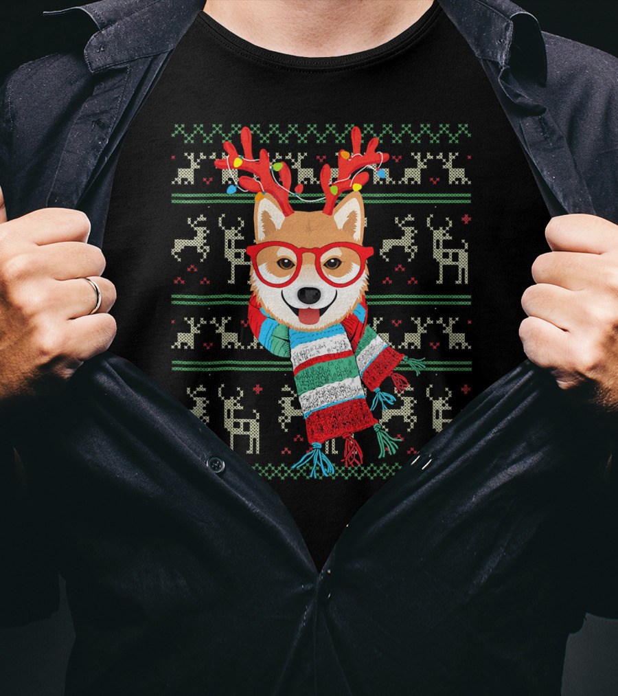 Shiba Inu With Reindeer Antlers And Festive Scarf Lights T-Shirt