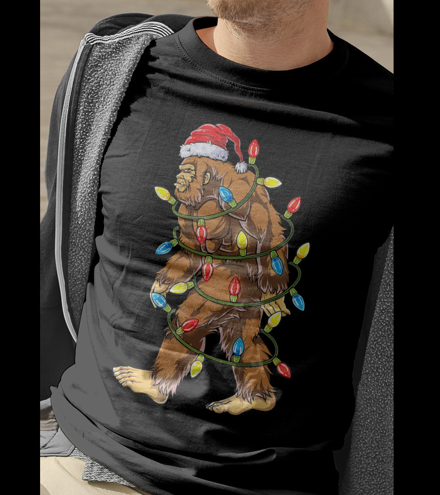 Bigfoot Santa Wrapped In Christmas Lights T-Shirt
