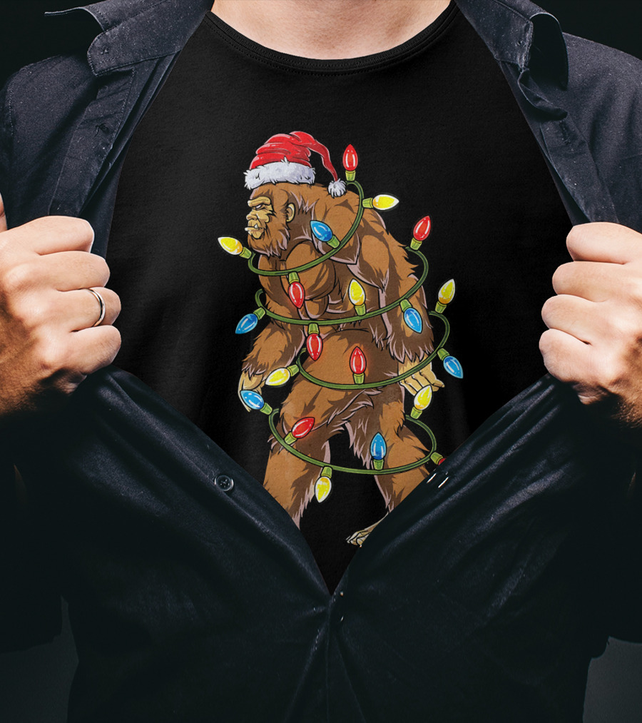 Bigfoot Santa Wrapped In Christmas Lights T-Shirt