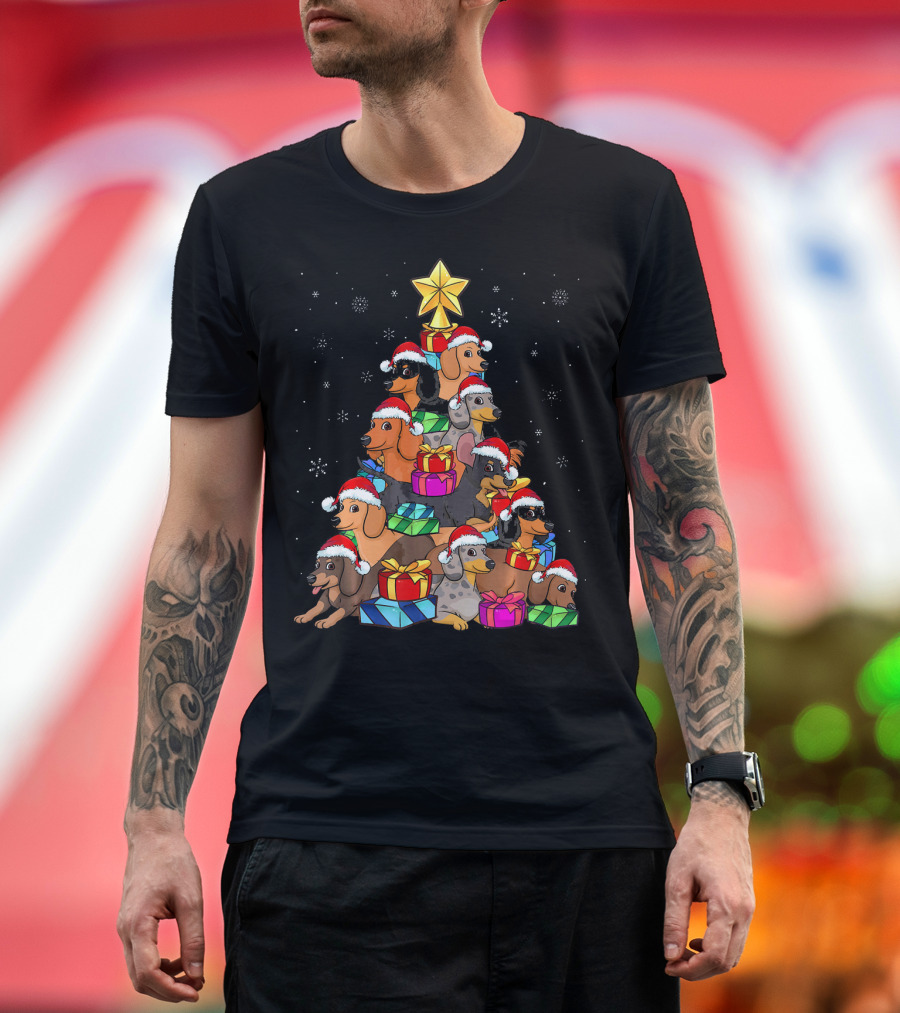 Dachshund Christmas Tree with Santa Hats and Gifts in Snowfall T-Shirt