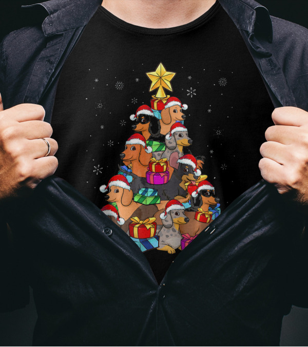 Dachshund Christmas Tree With Santa Hats And Gifts In Snowfall T-Shirt