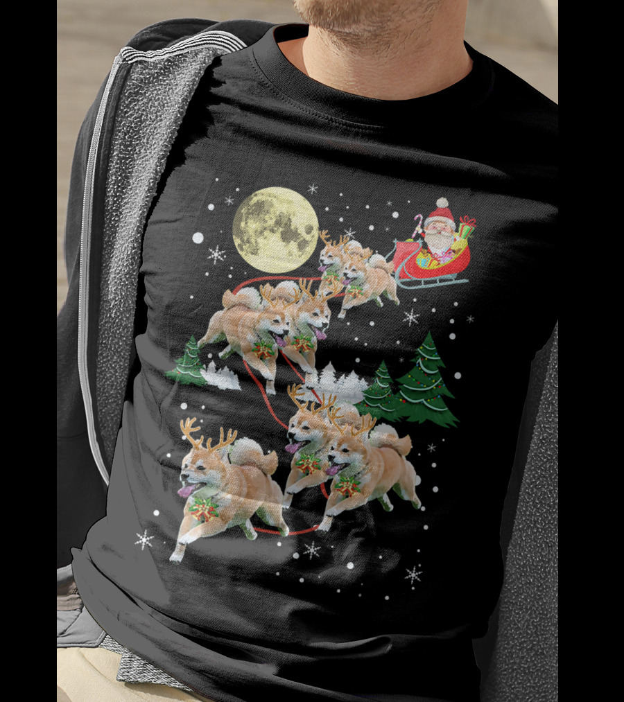 Santa's Shiba Inu Sleigh Ride Under Full Moon T-Shirt