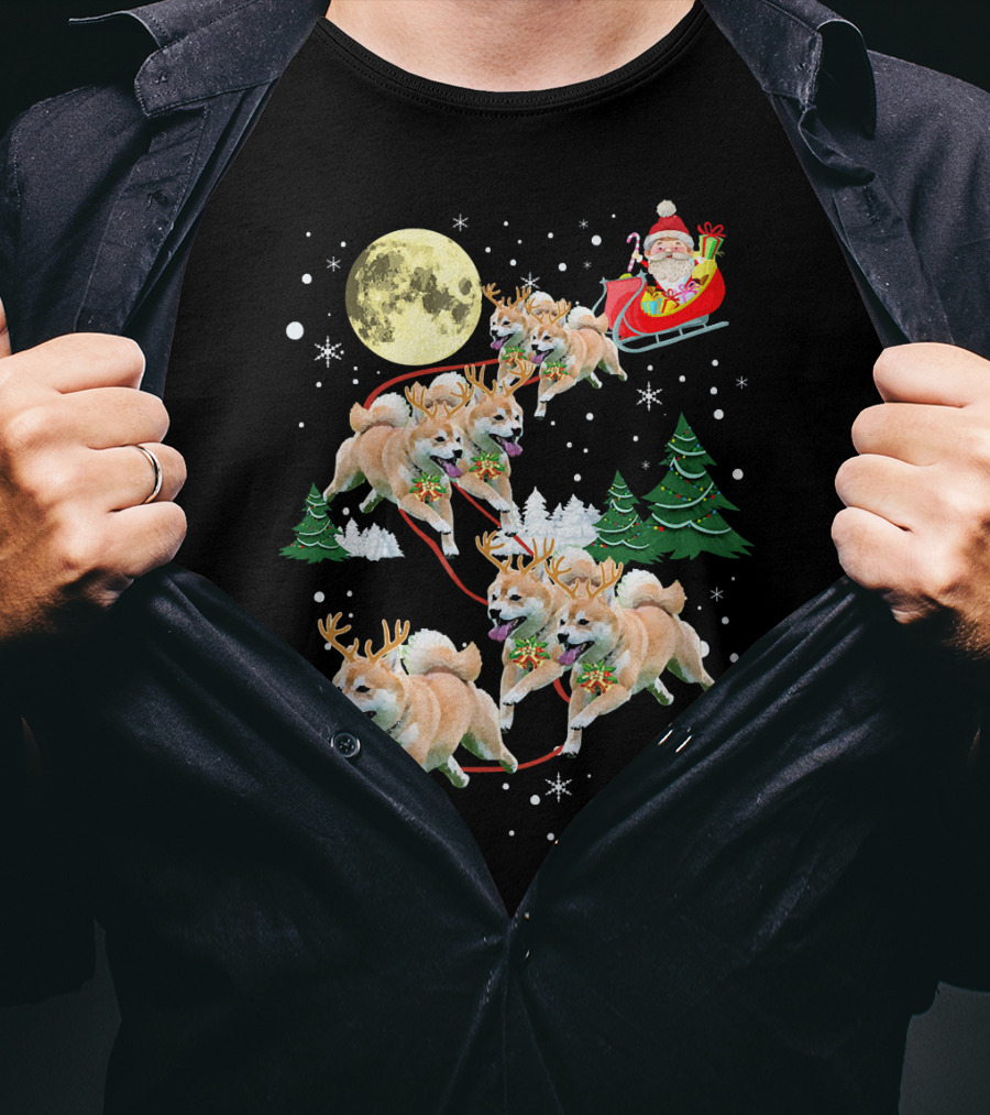 Santa's Shiba Inu Sleigh Ride Under Full Moon T-Shirt