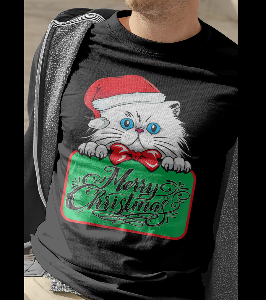 Merry Christmas Cute Cat With Santa Hat And Bow Tie T-Shirt