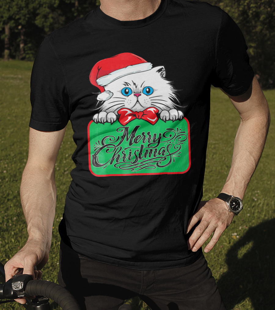 Merry Christmas Cute Cat With Santa Hat And Bow Tie T-Shirt
