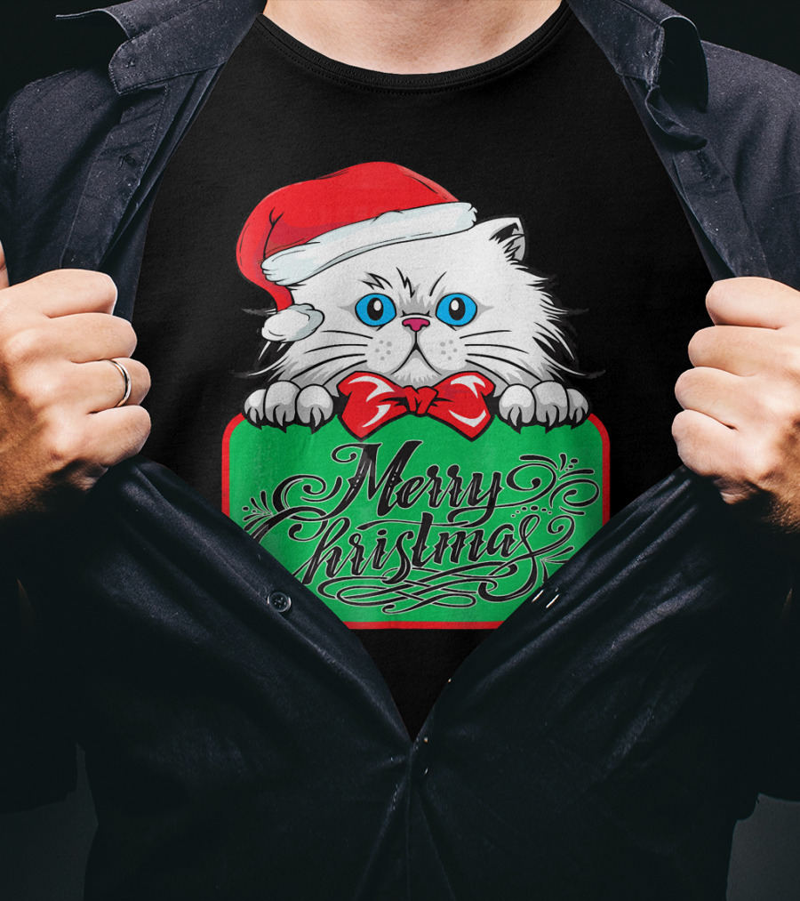 Merry Christmas Cute Cat With Santa Hat And Bow Tie T-Shirt