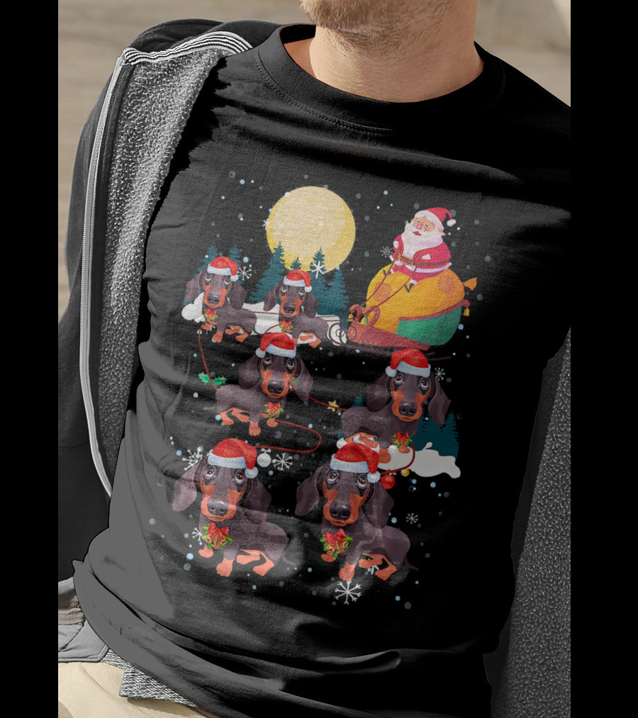 Santa Riding Sleigh With Dachshund Reindeer Under Full Moon T-Shirt