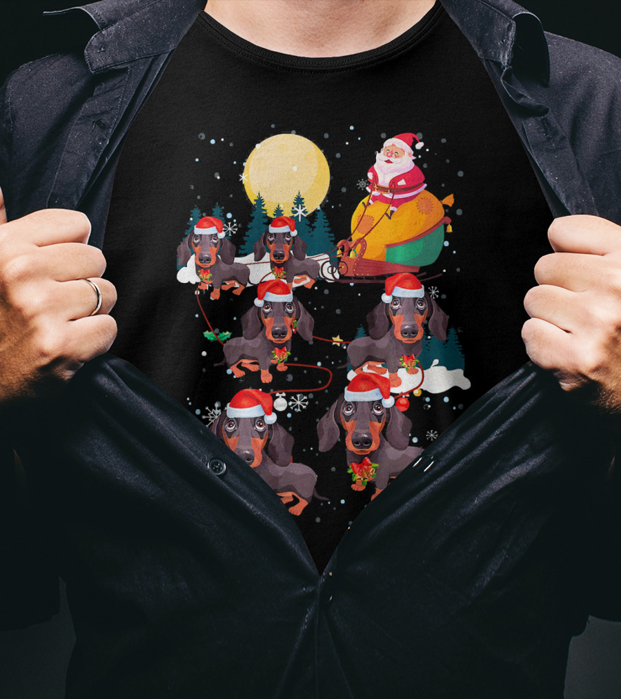 Santa Riding Sleigh With Dachshund Reindeer Under Full Moon T-Shirt