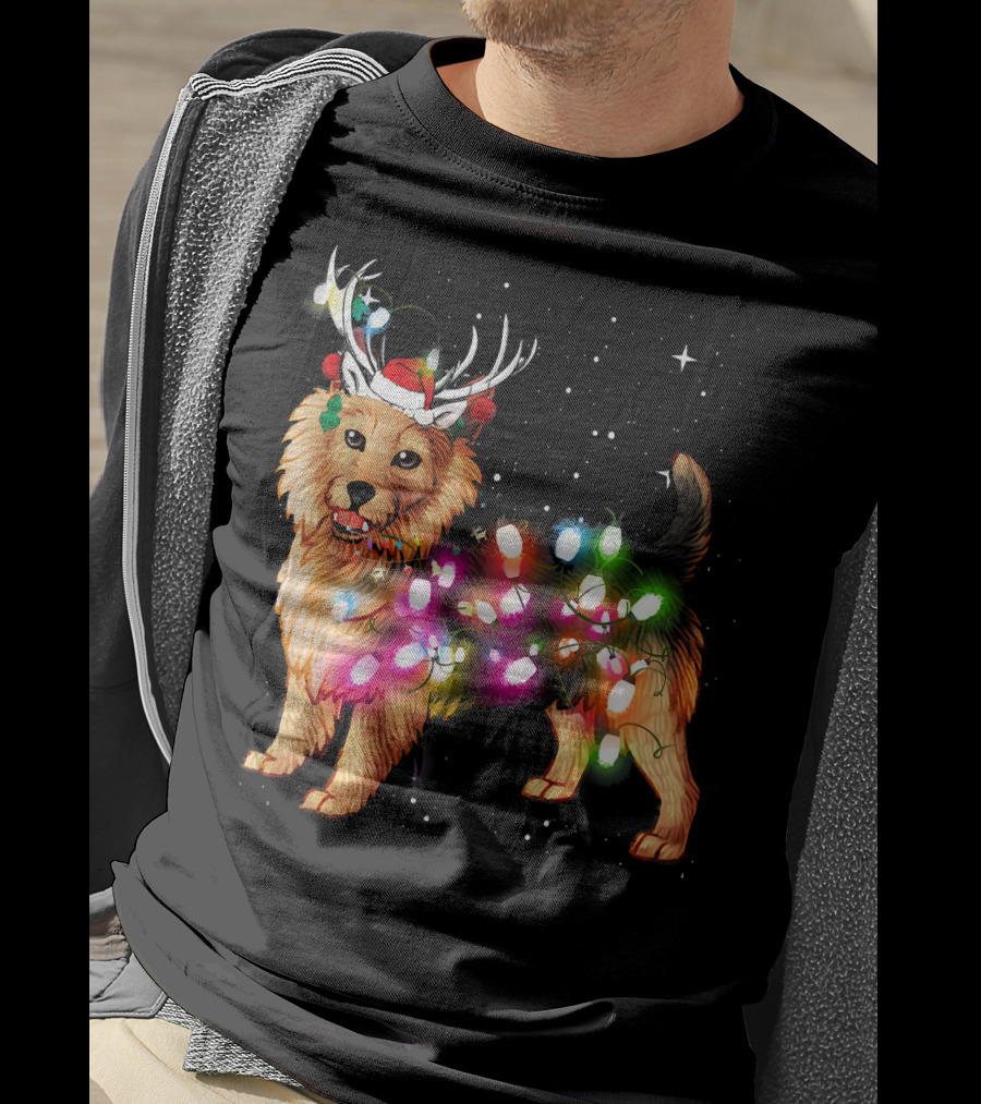 Australian Terrier With Christmas Lights And Reindeer Antlers T-Shirt