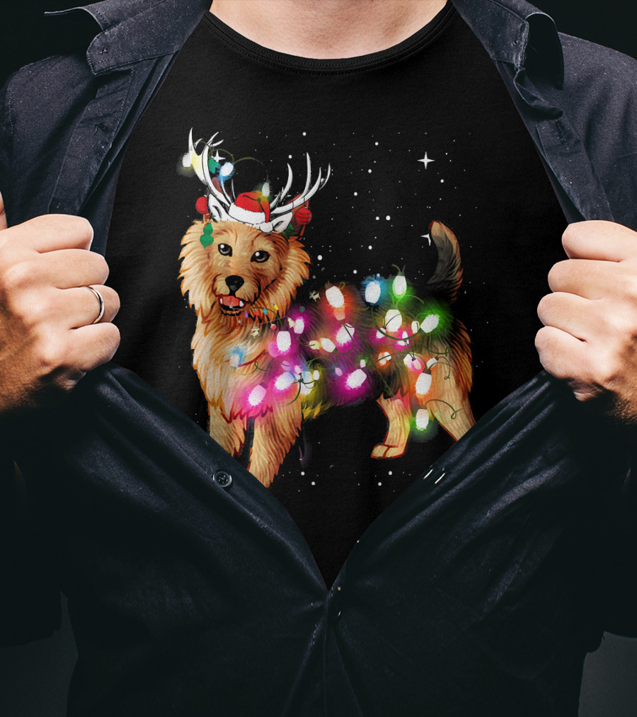 Australian Terrier With Christmas Lights And Reindeer Antlers T-Shirt