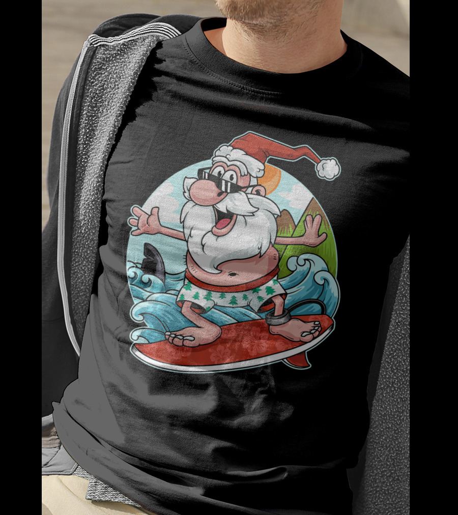 Surfing Santa Riding Waves Christmas In July Tropical Fun T-Shirt