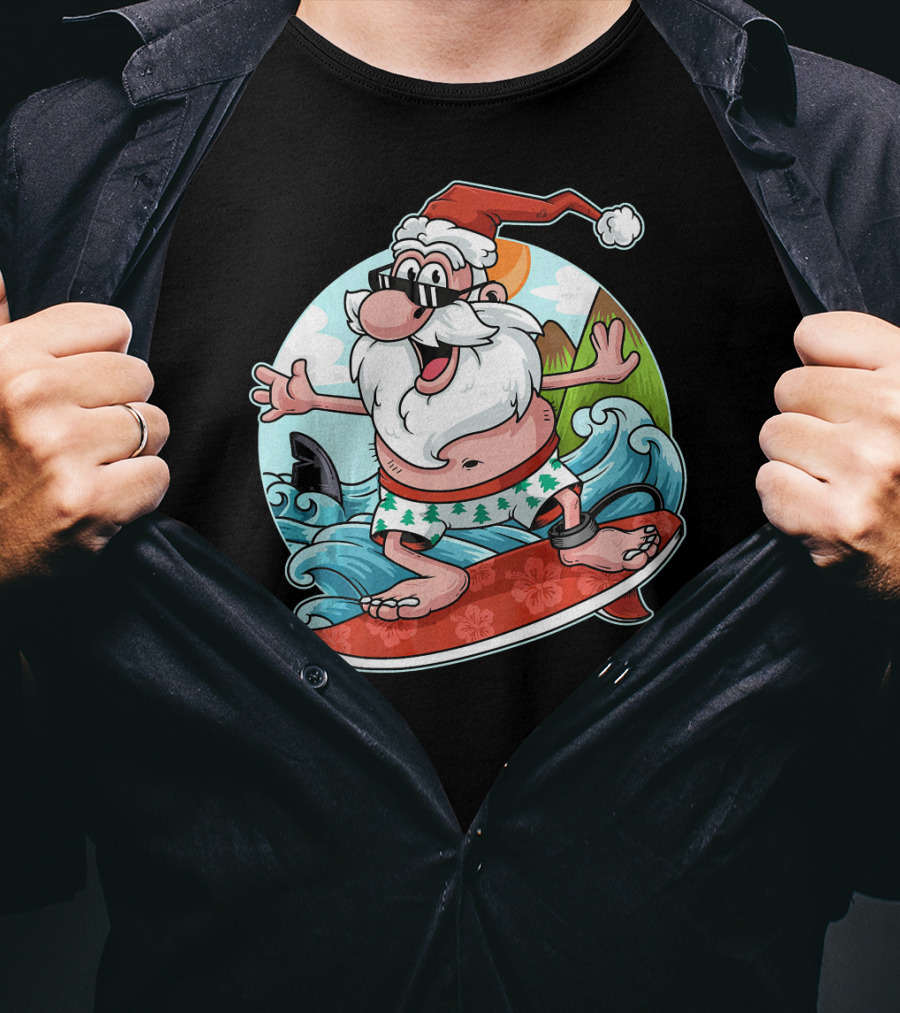 Surfing Santa Riding Waves Christmas In July Tropical Fun T-Shirt