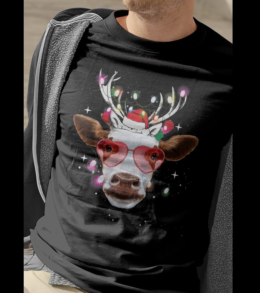 Cow With Antlers Heart Glasses And Christmas Lights T-Shirt