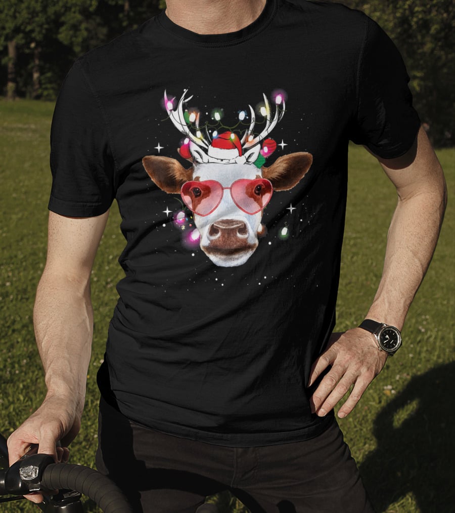 Cow With Antlers Heart Glasses And Christmas Lights T-Shirt