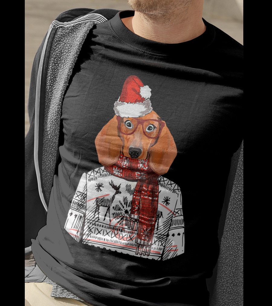 Dachshund Dog Santa Hat Funny Merry Christmas T-Shirt