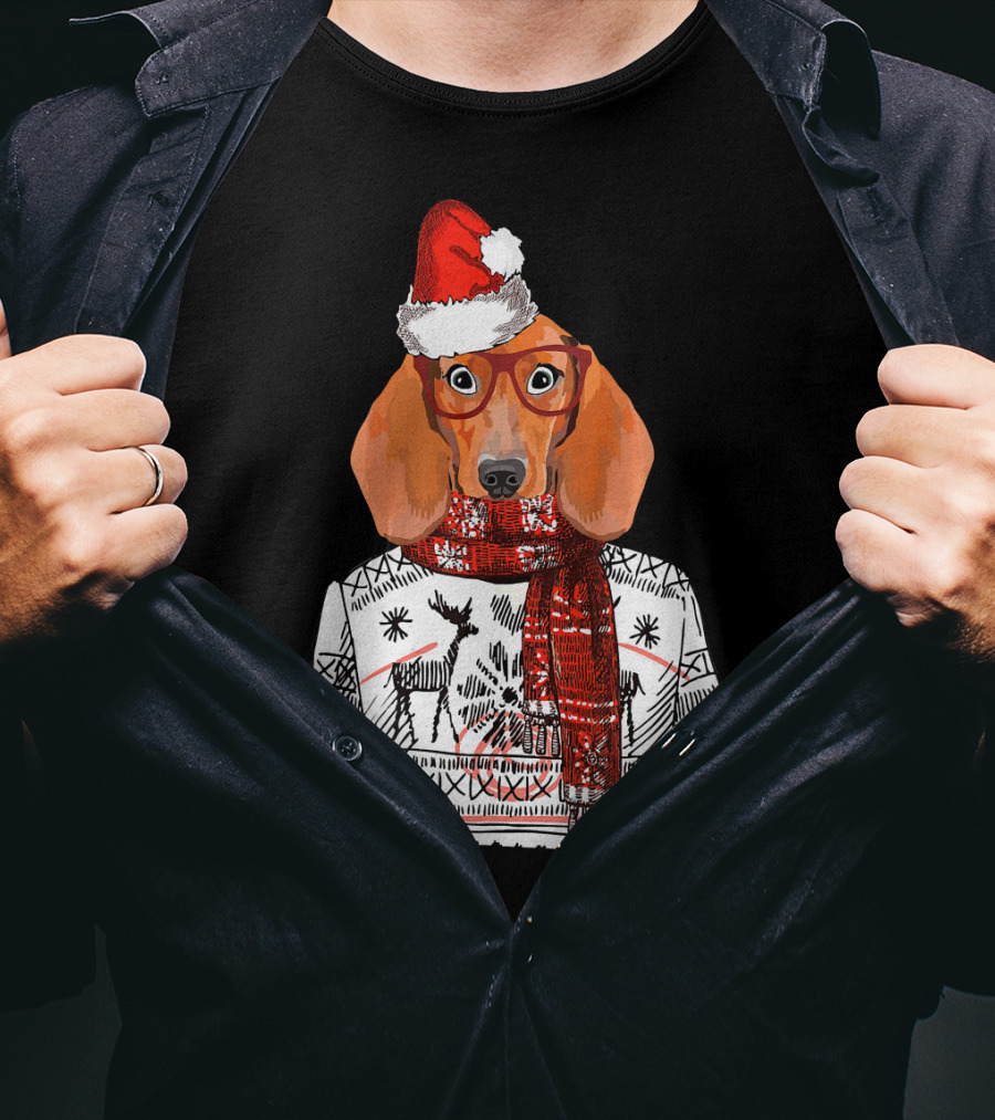 Dachshund Dog Santa Hat Funny Merry Christmas T-Shirt