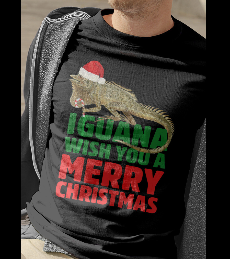 Iguana Wish You A Merry Christmas Santa Hat Candy Cane T-Shirt