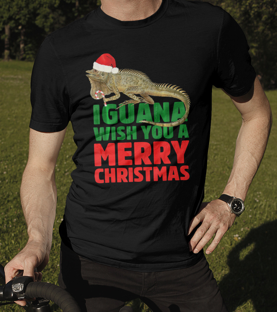 Iguana Wish You A Merry Christmas Santa Hat Candy Cane T-Shirt