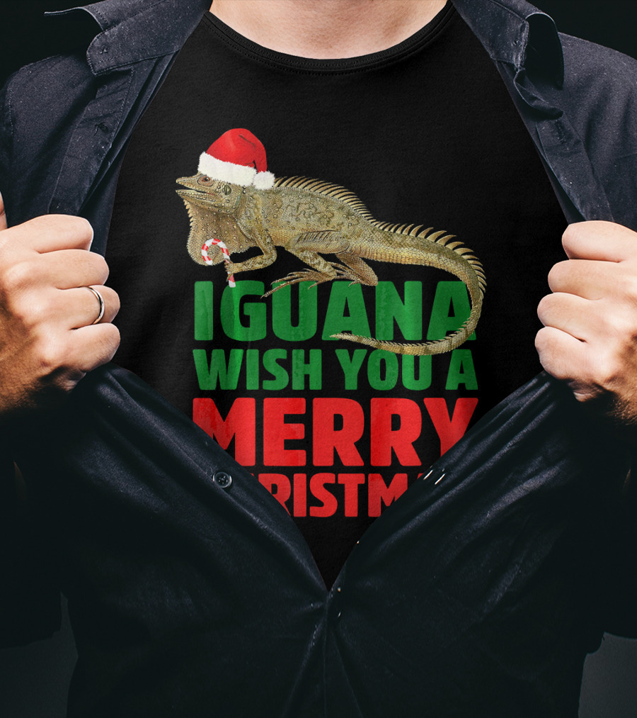 Iguana Wish You A Merry Christmas Santa Hat Candy Cane T-Shirt