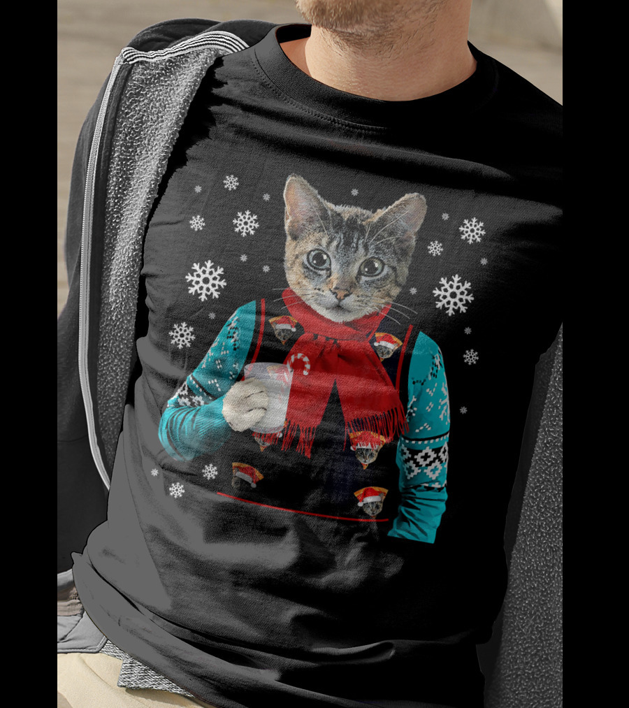 Hipster Cat Wearing Festive Sweater With Red Scarf And Holding Milk T-Shirt