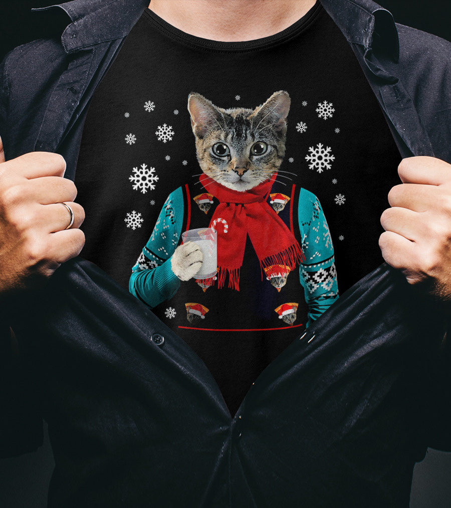 Hipster Cat Wearing Festive Sweater With Red Scarf And Holding Milk T-Shirt