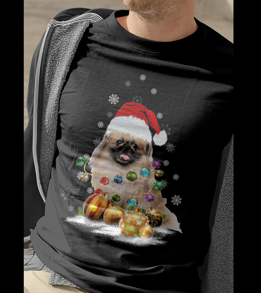 Pekingese Christmas Dog Lights With Santa Hat And Snowflakes T-Shirt