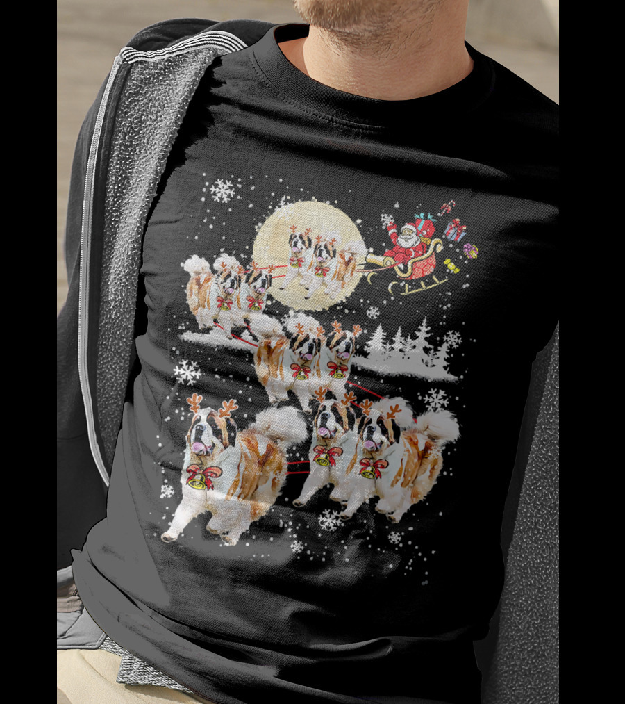 St Bernard Reindeer Christmas Santa Sleigh Nice Dog T-Shirt
