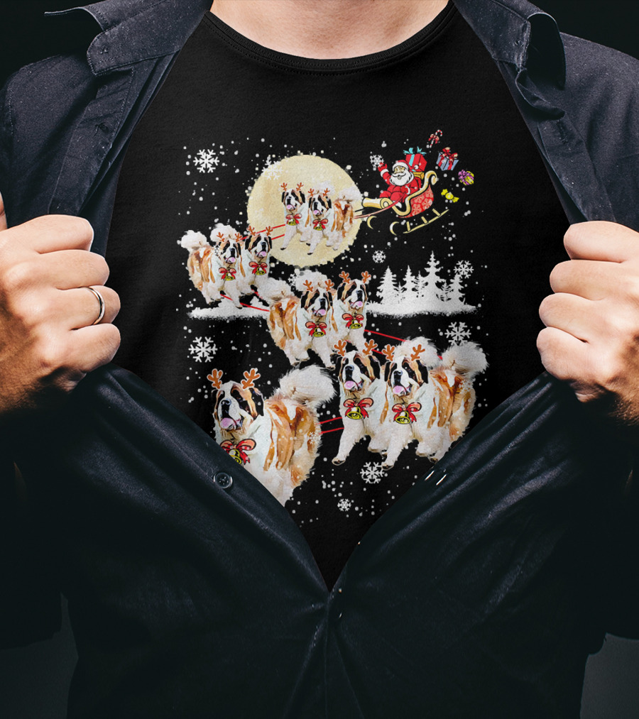 St Bernard Reindeer Christmas Santa Sleigh Nice Dog T-Shirt