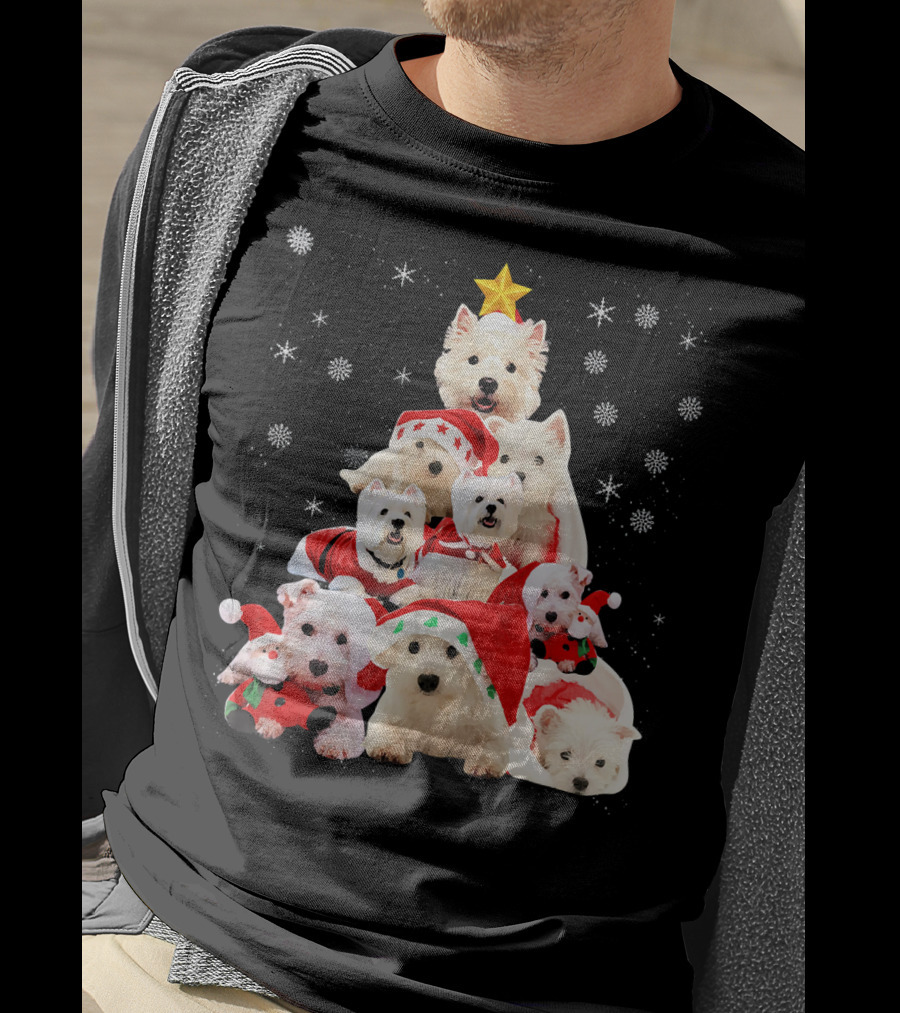 Westie Dogs In Holiday Hats Forming Christmas Tree With Snowflakes And Star T-Shirt