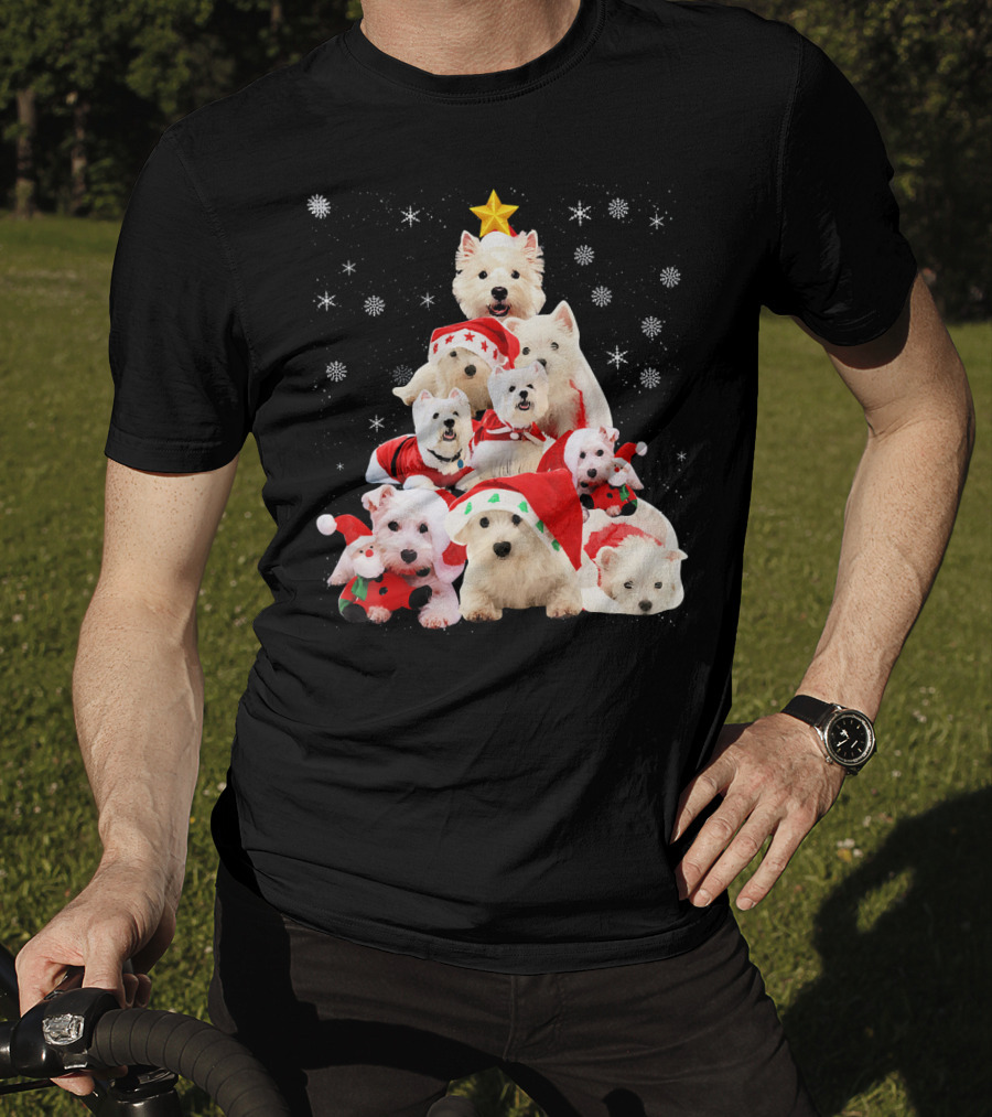 Westie Dogs In Holiday Hats Forming Christmas Tree With Snowflakes And Star T-Shirt