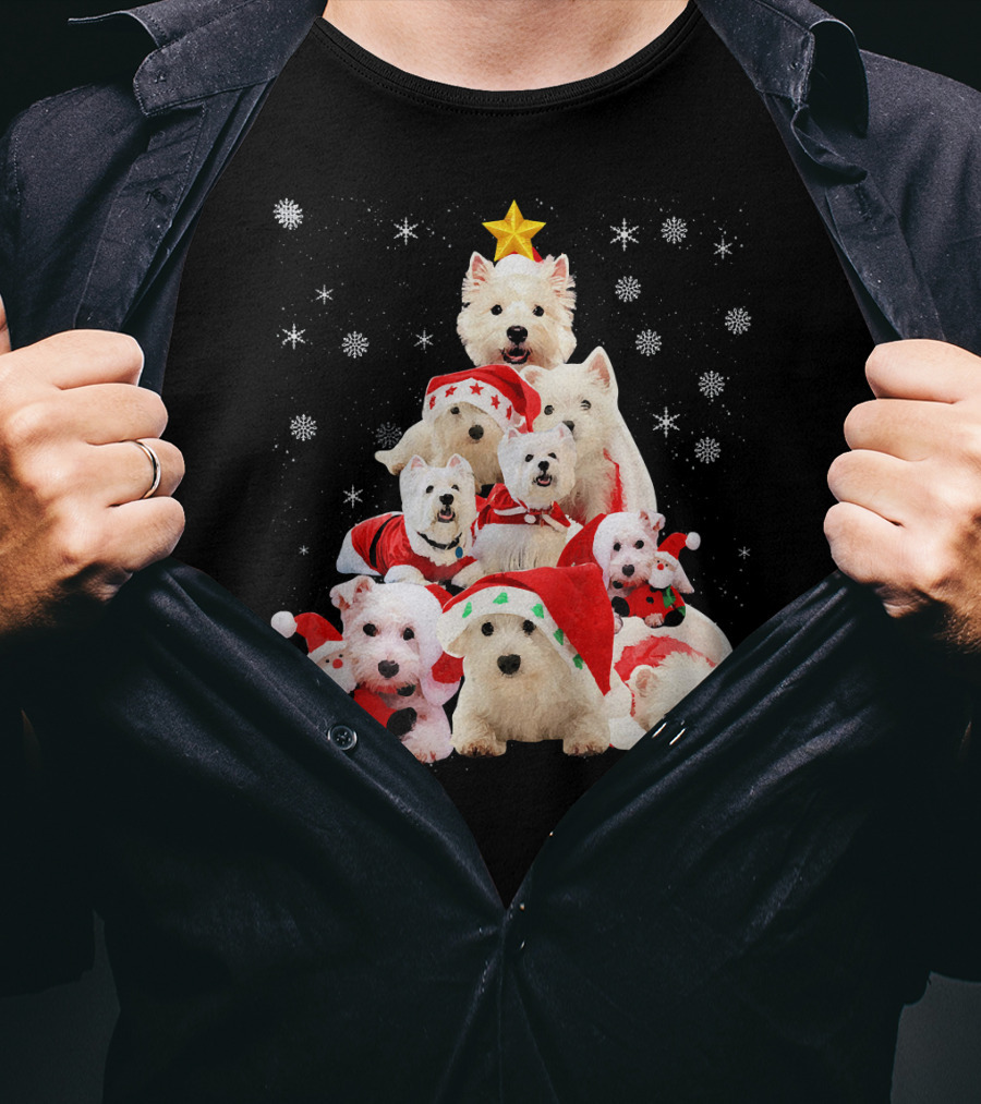Westie Dogs In Holiday Hats Forming Christmas Tree With Snowflakes And Star T-Shirt