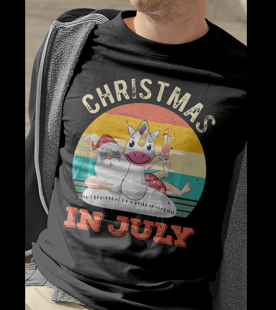 Christmas In July Vintage Santa With Inflatable Unicorn And Drink T-Shirt