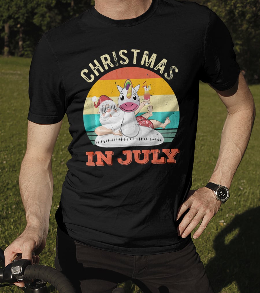 Christmas In July Vintage Santa With Inflatable Unicorn And Drink T-Shirt