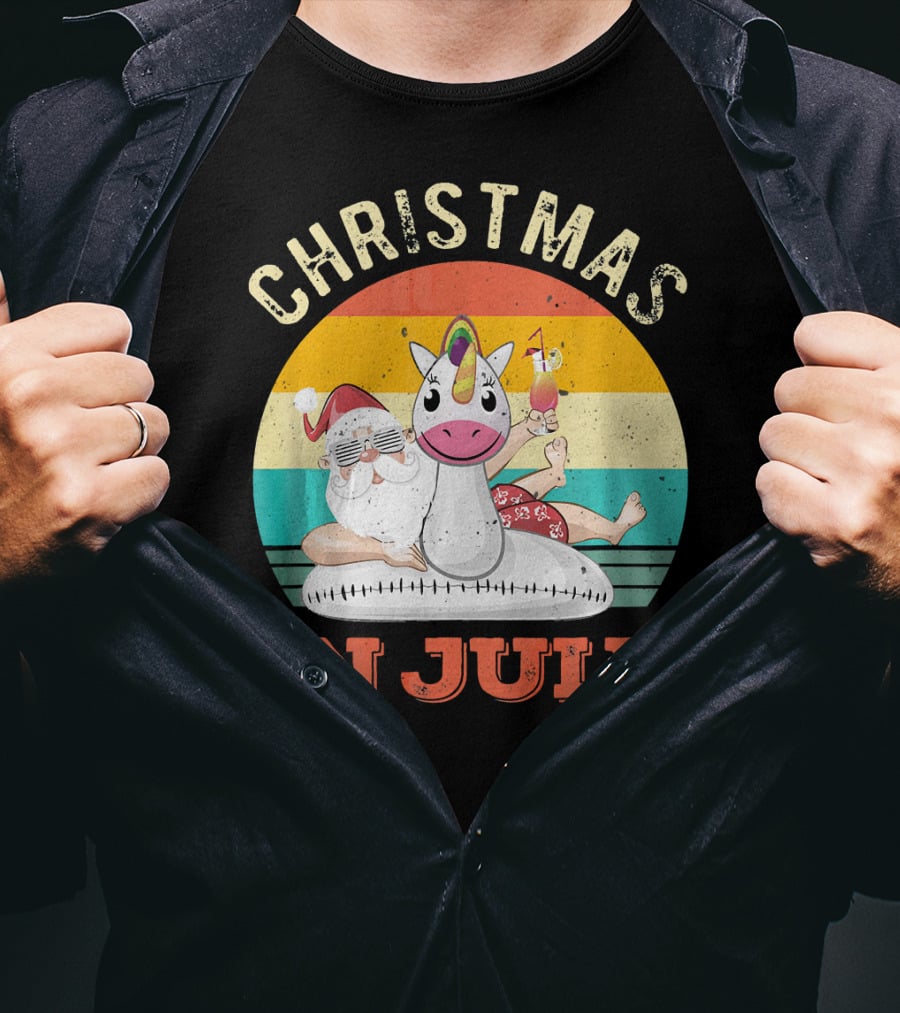 Christmas In July Vintage Santa With Inflatable Unicorn And Drink T-Shirt