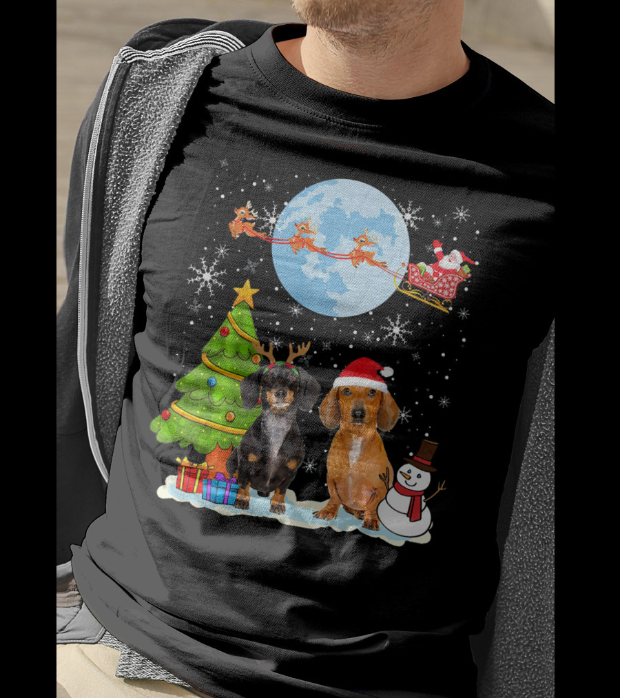 Funny Dachshund Christmas Santa Moon Reindeers Tree Snowman T-Shirt
