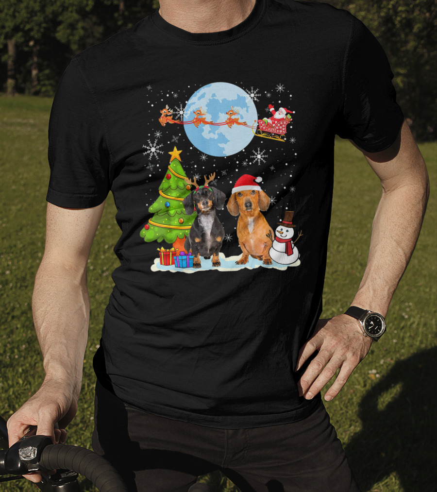 Funny Dachshund Christmas Santa Moon Reindeers Tree Snowman T-Shirt