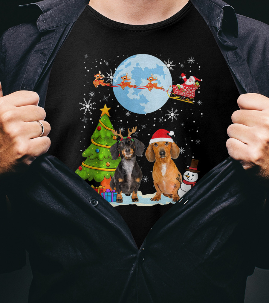 Funny Dachshund Christmas Santa Moon Reindeers Tree Snowman T-Shirt