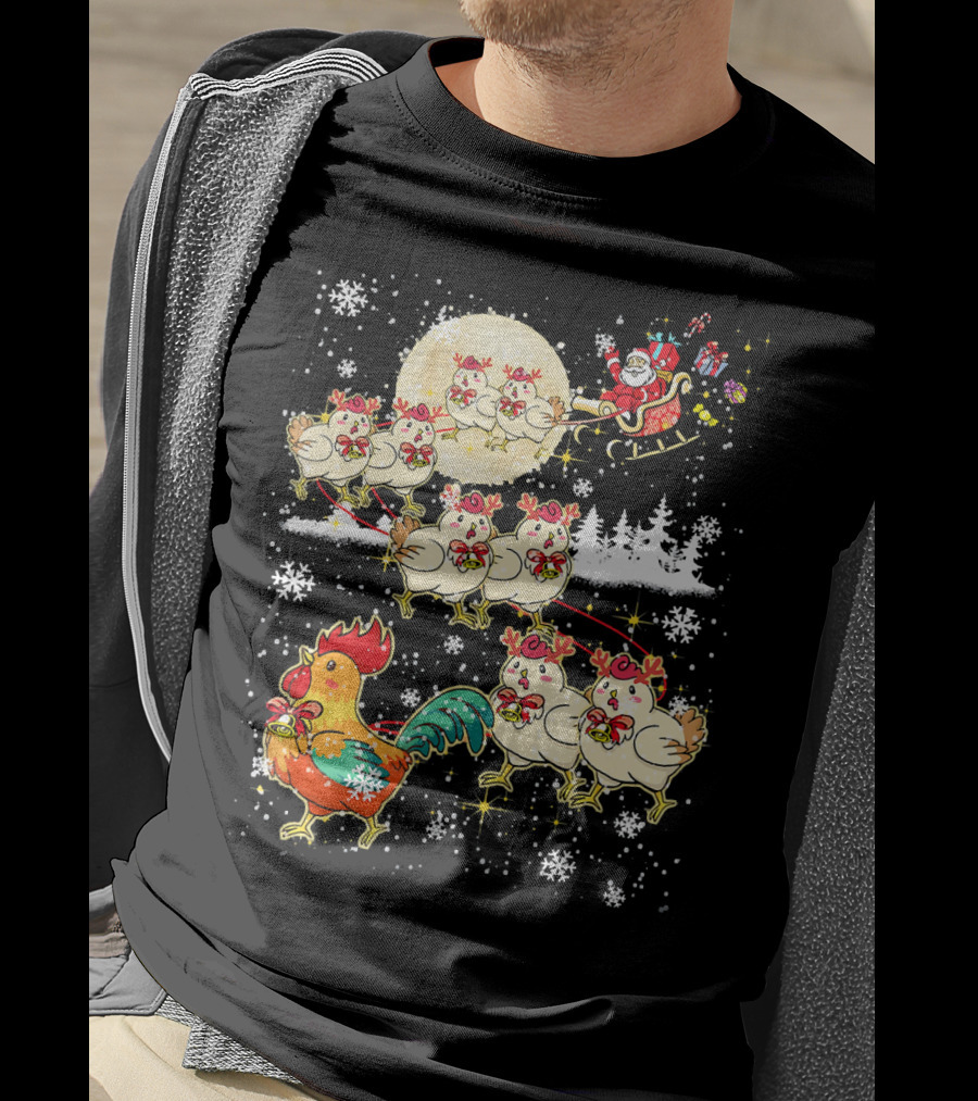 Chicken Reindeer Christmas Santa Sleigh With Snowflakes And Nice Chicken T-Shirt