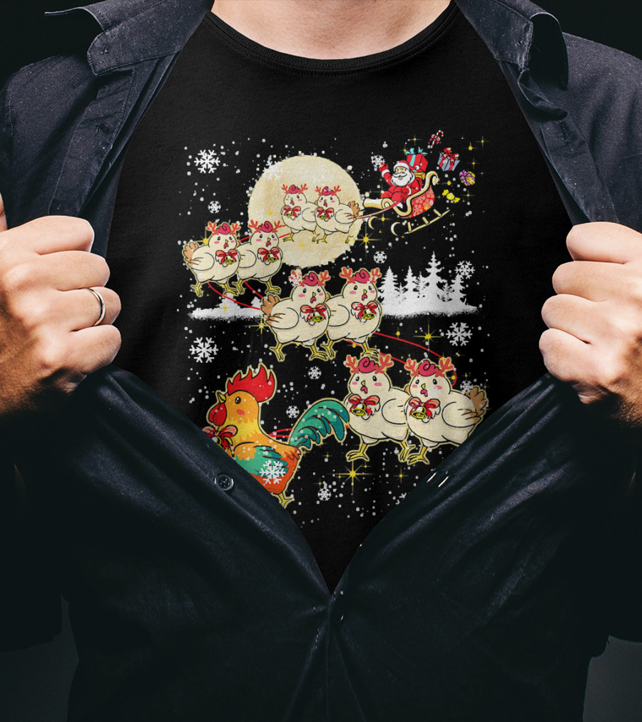 Chicken Reindeer Christmas Santa Sleigh With Snowflakes And Nice Chicken T-Shirt