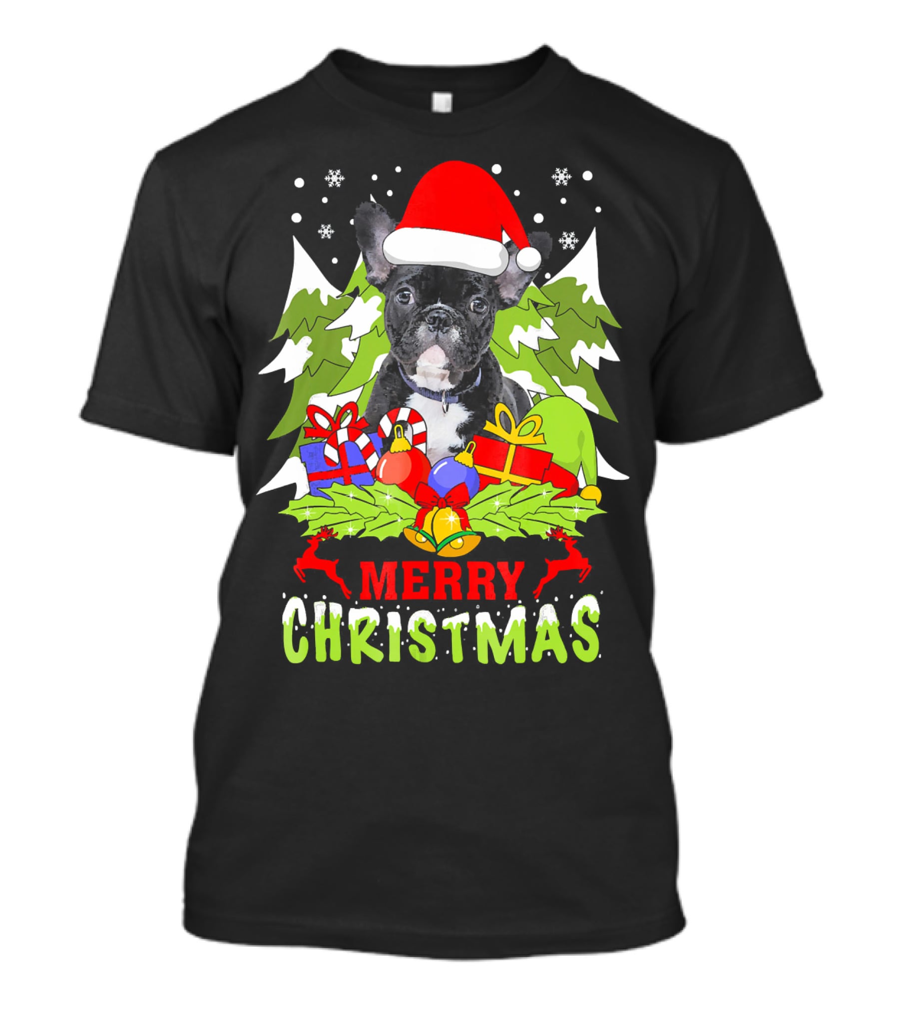 Merry Christmas French Bulldog Santa Hat Gifts Snowflakes T-Shirt